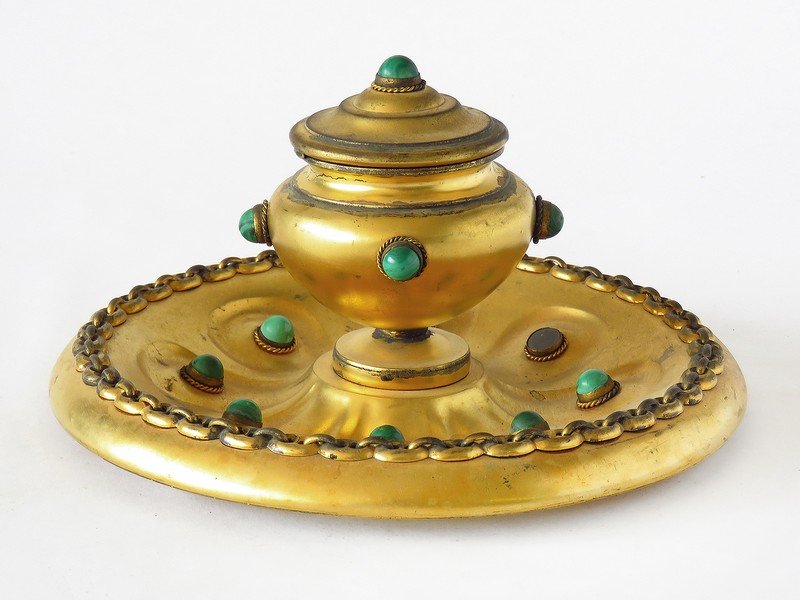 VIENNA BRONZE DORE MALACHITE INKWELL 19TH C. (1 of 7)