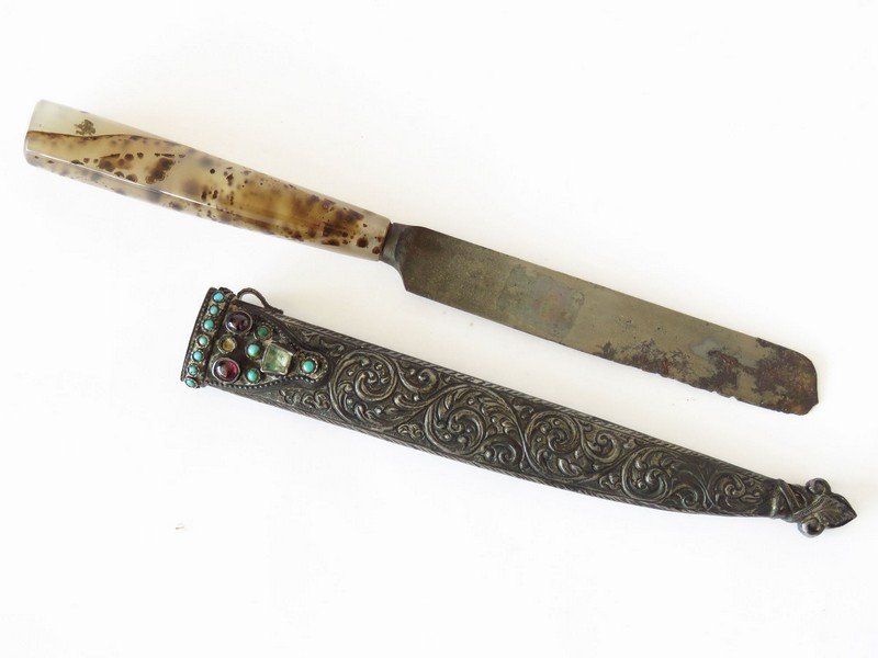 PERSIAN SILVER/JEWEL MOUNTED SIDE KNIFE W/ MOSS AGATE (1 of 7)