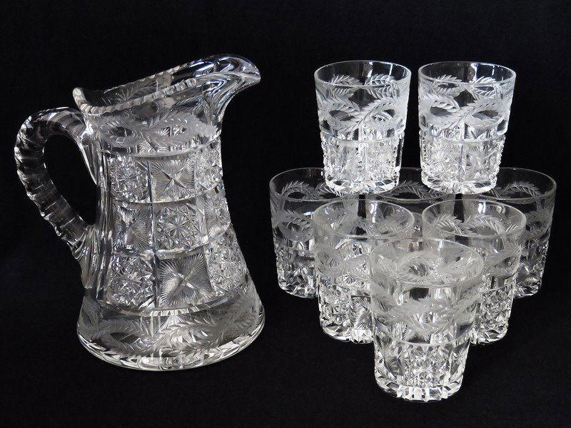 SET (9) TUTHILL INTAGLIO CUT GLASS WATER SET 19/20TH (1 of 6)