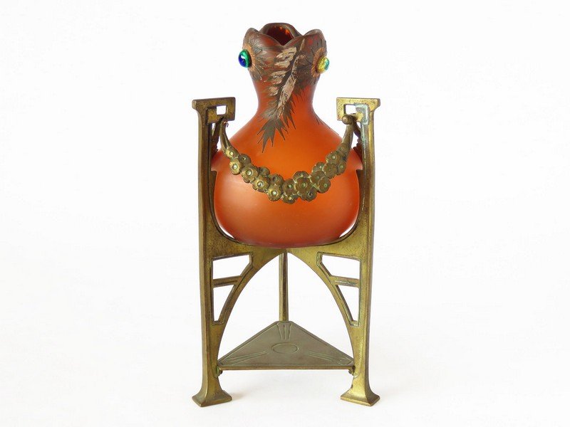 AUSTRIAN ART DECO ART GLASS VASE W/ BRASS STAND C. 1920 (1 of 8)