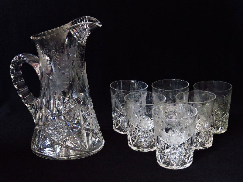 SET (7) TUTHILL INTAGLIO CUT GLASS WATER SET 19/20TH C. (1 of 5)