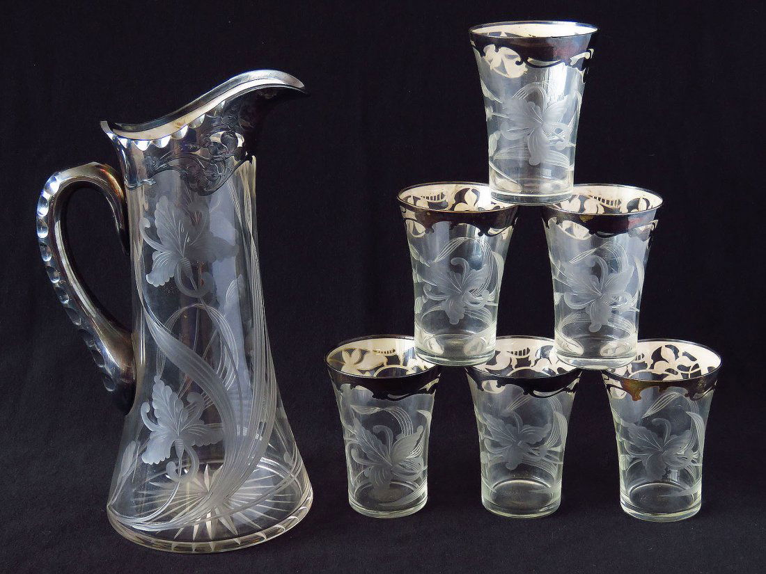 SET (7) ART NOUVEAU INTAGLIO / SILVER OVERLAY WATER SET (1 of 5)