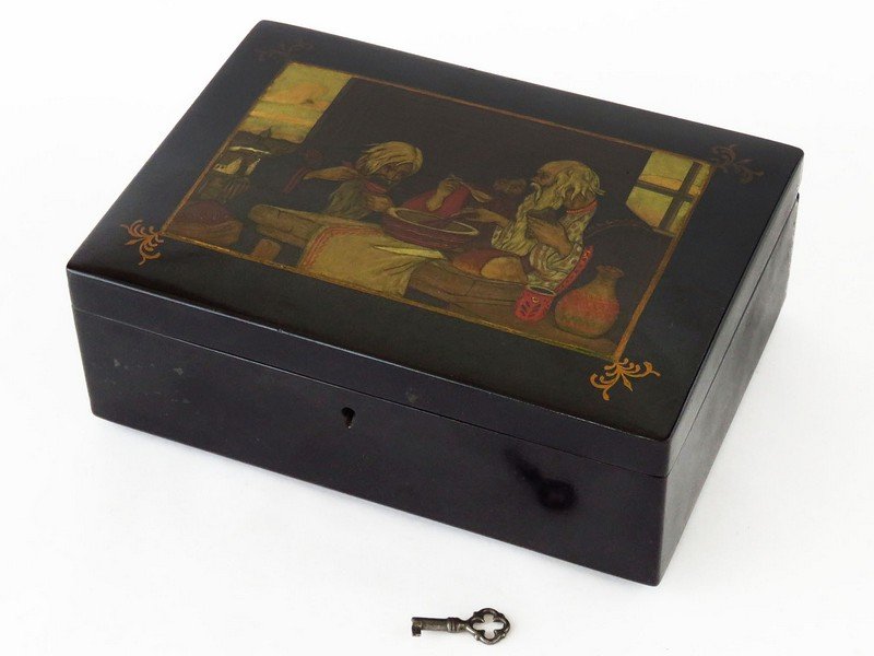 RUSSIAN H/P LACQUERED DRESSER BOX W/TAVERN SCENE 19TH (1 of 5)