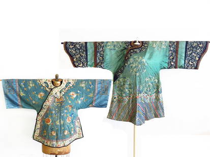 LOT (2) IMPERIAL CHINESE EMBROIDERED SILK KESI SURCOATS: LOT (2) IMPERIAL CHINESE EMBROIDERED SILK KESI SURCOATS (JIAGUA) 18/19TH C.