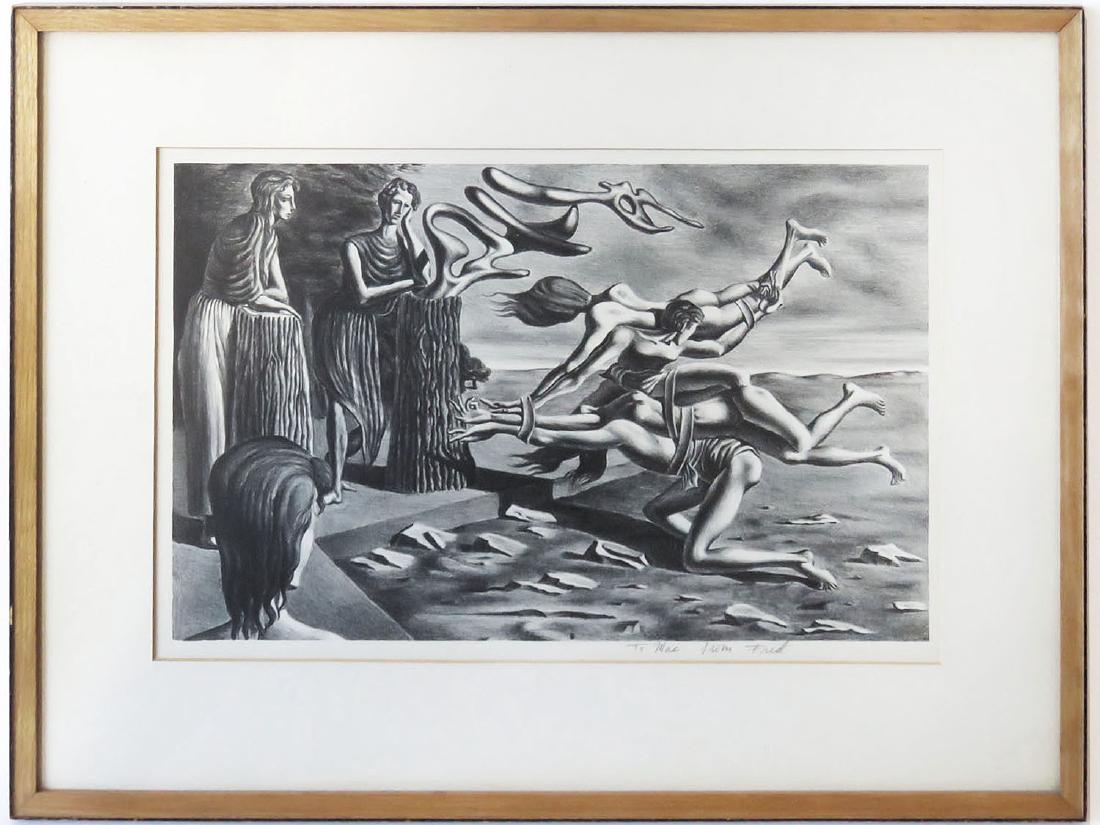 LITHO SURREALIST,SIGNED CASTELLON C.1940: FEDERICO CASTELLON 1914-1971 WITH PRESENTATION "TO MAC FROM FRED" 9" X 14" FRAMED