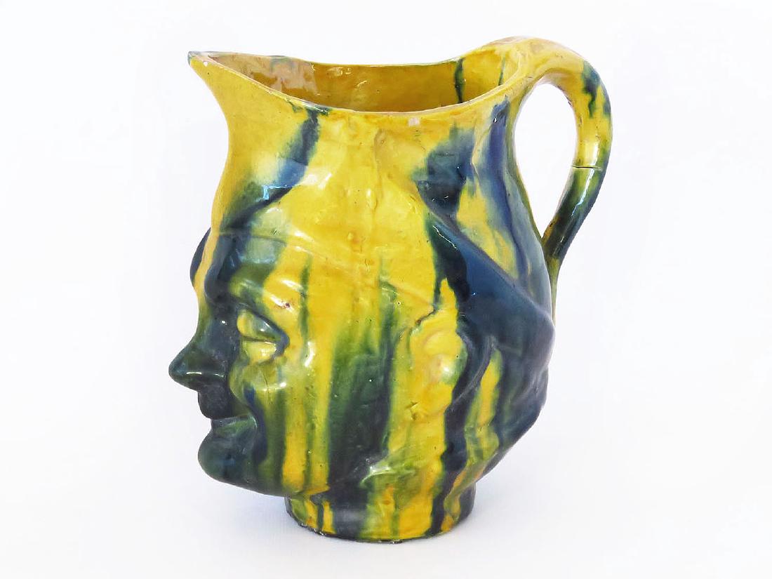 ENGLISH GLAZED REDWARE JESTER PITCHER 19TH C.: H. 6 1/2"