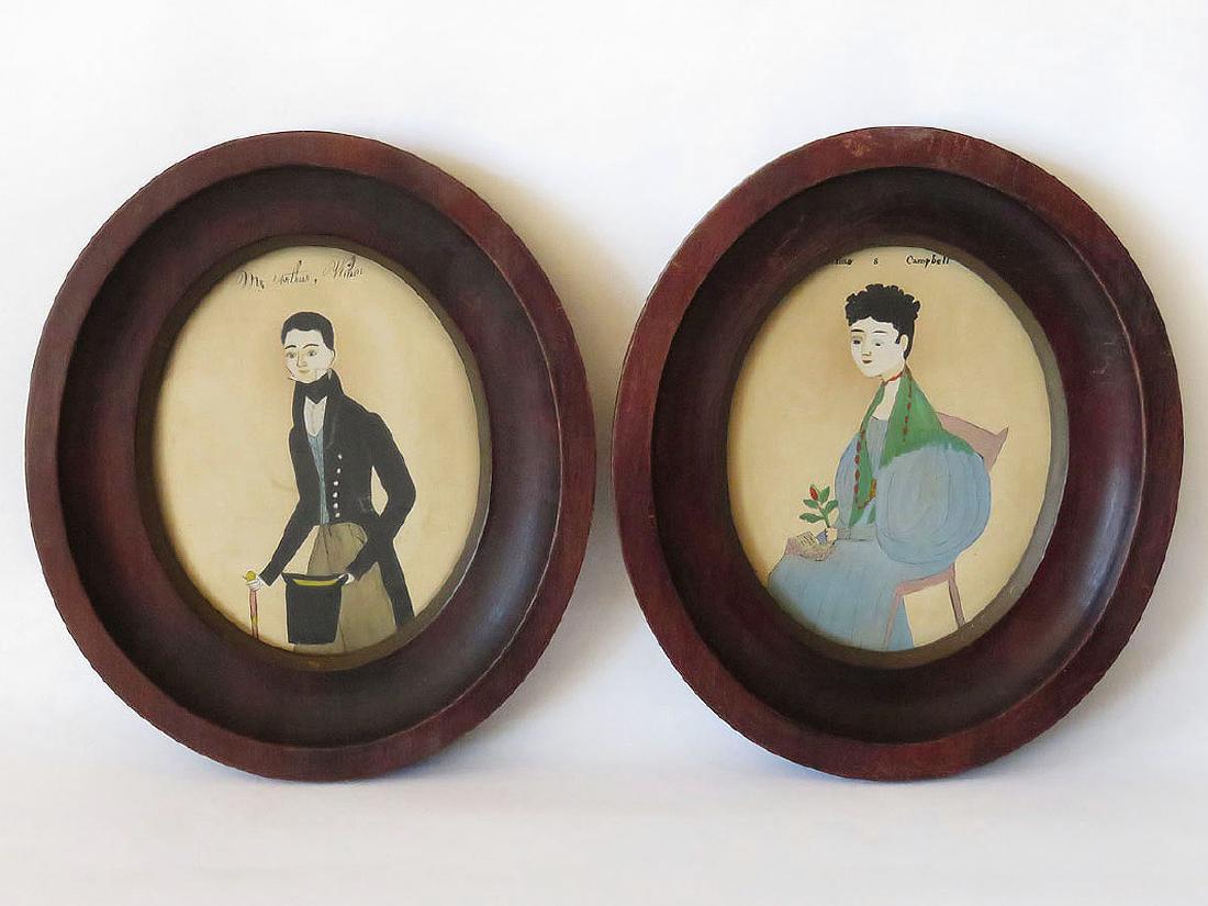 LOT (2) FOLK ART W/C PORTRAITS PUFF SLEEVE, 19TH C.: LOT (2) FOLK ART W/C PORTRAITS PUFFY SLEEVE, CAROLINE S CAMPBELL & MR. ARTHUR WILSON 19thc. BEARS FAR GALLERY LABEL 746 MADISON AVE. NY; FRAMED 8 3/4" X 7 1/2"