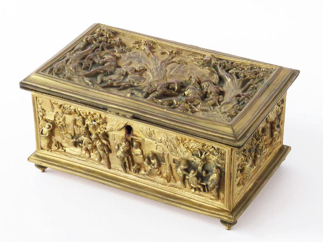 FRENCH CAST AND GILT BRONZE SEWING CASKET 19TH C.: H. 2 1/4" W. 5 1/2" D. 3 1/2"
