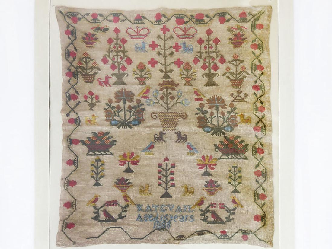 LARGE NEEDLEPOINT SAMPLER SIGNED KATE VAIL C. 1888: 23" X 19"