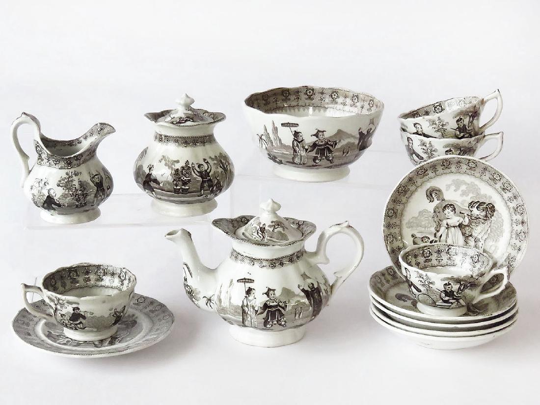 B & B IRONSTONE BROWN TRANSFER DECORATED CHILDS SET: 19TH C., TEAPOT HEIGHT 4 1/4"