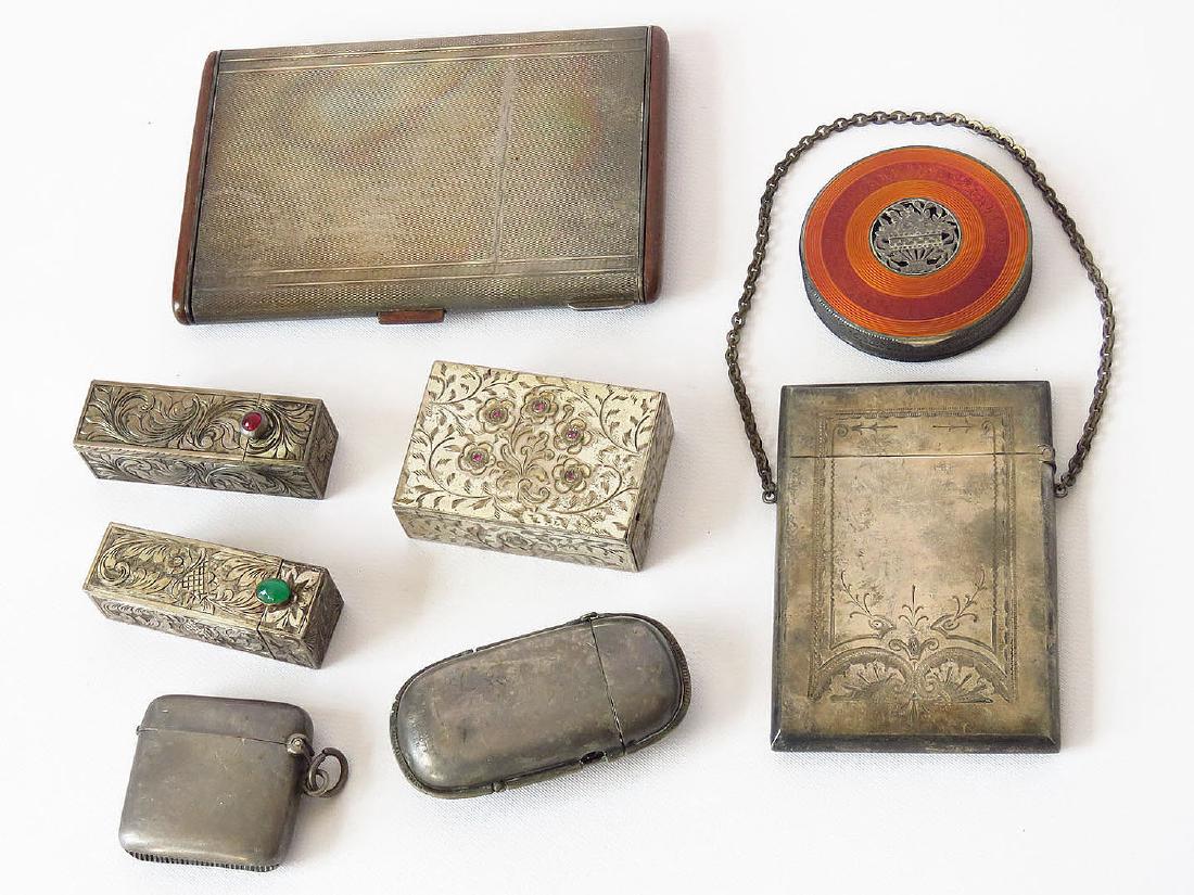 LOT (8) VICTORIAN/ART DECO STERLING COMPACTS/CIG CASES: LARGEST 4 3/4" X 3 1/4"