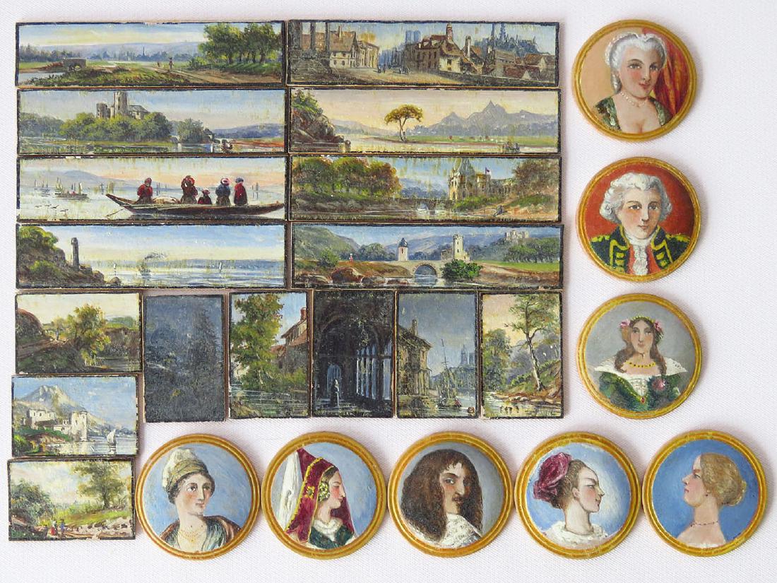 LOT ASSORTED W/C MINIATURES, LANDSCAPES & PORTRAITS: 19TH C., LARGEST 2 3/4" X 3/4"