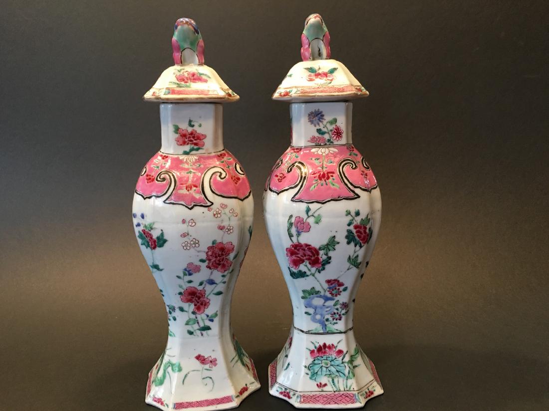 ANTIQUE Pair Chinese Famille Rose Covered vases, early (1 of 10)