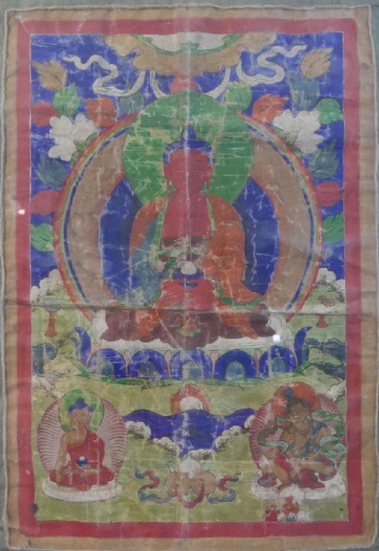 RARE TIBETAN CHINESE BUDDHIST THANGKA - 18TH CENTURY: NO RESERVE ON THIS LOT! FIRST BID AT STARTING PRICE MAY GET IT. RARE TIBETAN CHINESE BUDDHIST THANGKA - 18TH CENTURY. 41X63 CM. WITH FRAME 62X80 CM. INSCRIPTION ON BACK WITH A GLASS COVERED VIEWING WI