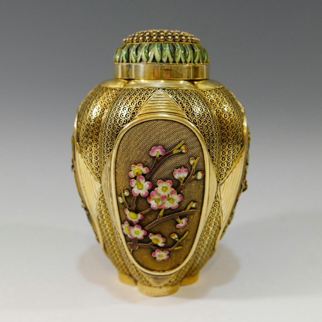 CHINESE ANTIQUE SILVER ENAMEL TEA CADDY - 416 GRAMS. (1 of 9)