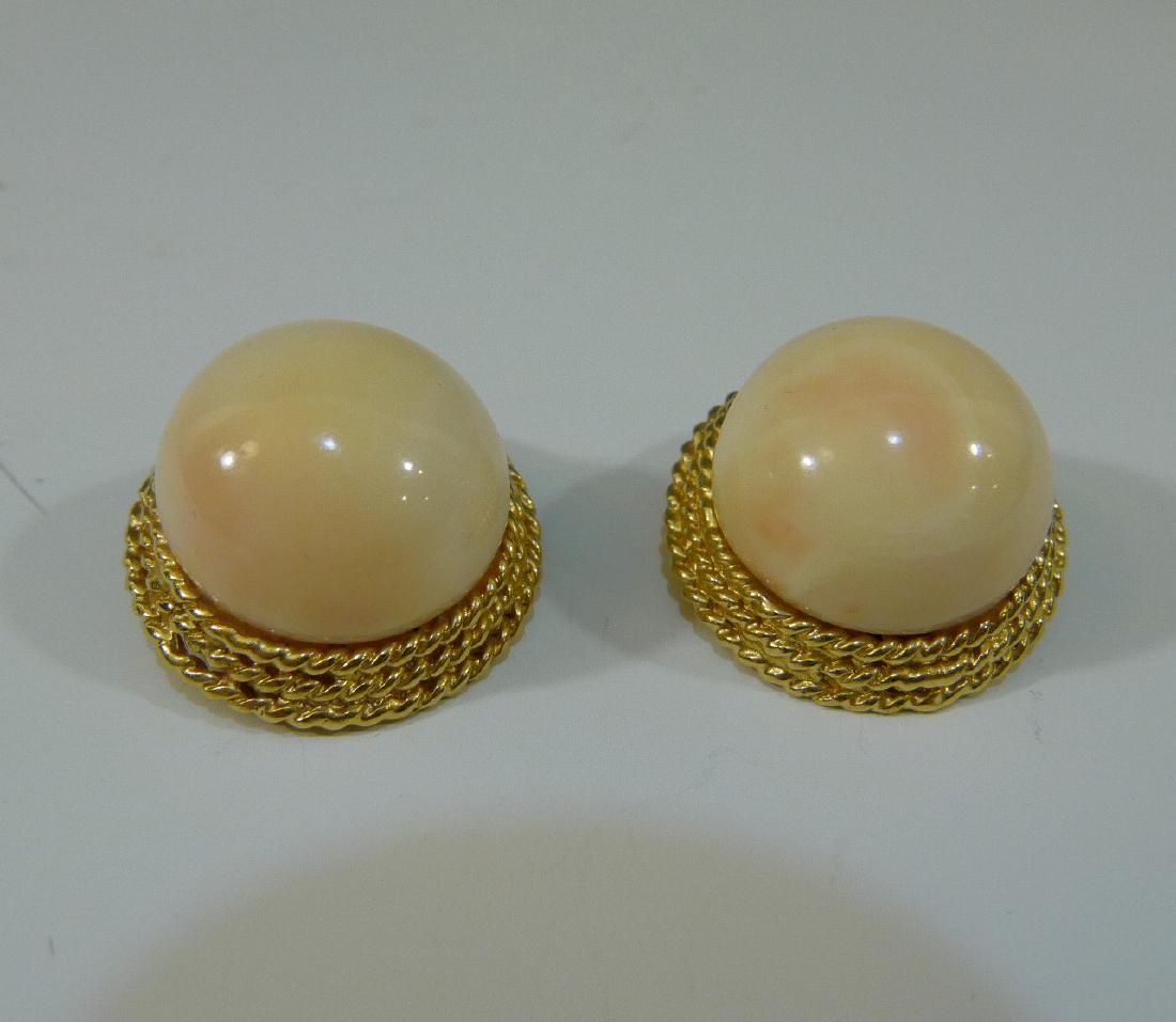 14K GOLD CORAL EARRINGS: 14K GOLD CORAL EARRINGS. NATURAL ANGEL SKIN CORAL. 22 GRAMS. CORAL IS 19MM.