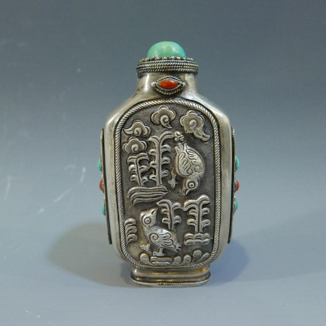 ANTIQUE SINO TIBETAN SILVER CORAL &TURQUOISE SNUFF (1 of 6)