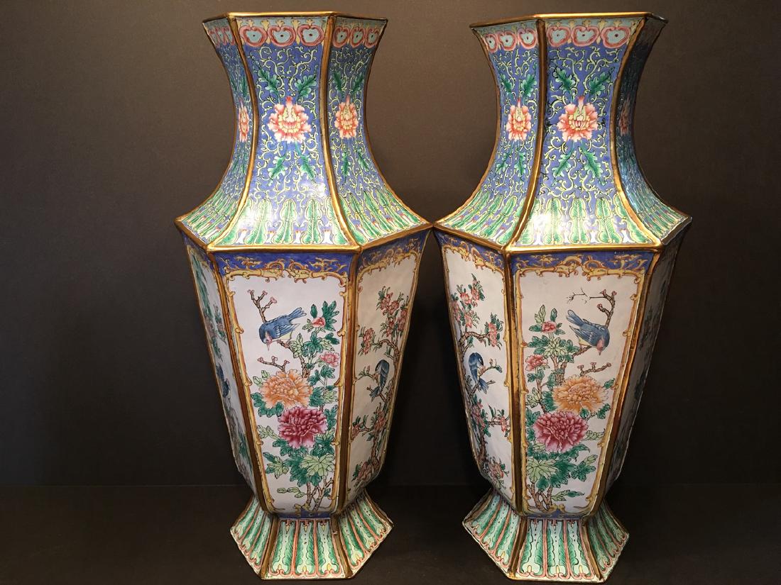ANTIQUE Huge Pair Chinese Brass Enamel Vases, late 19th (1 of 8)