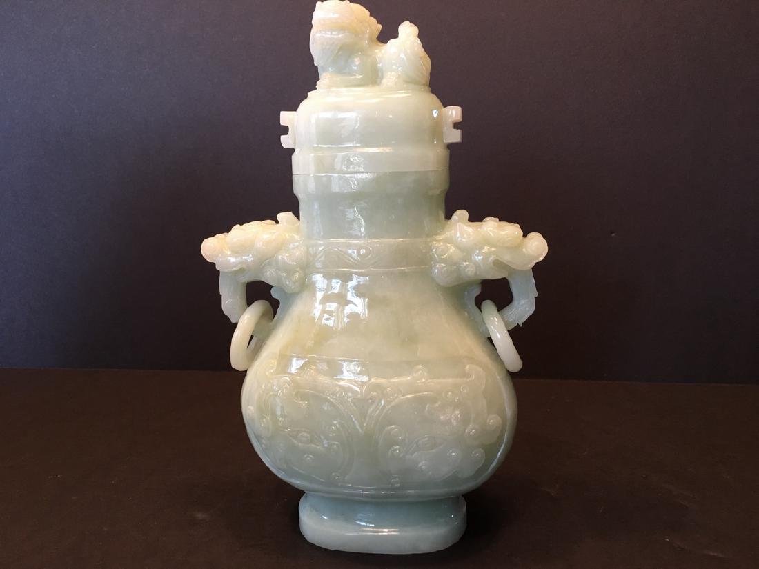 A Fine Chinese Celadon White Jade Vase with Foo Lion (1 of 10)