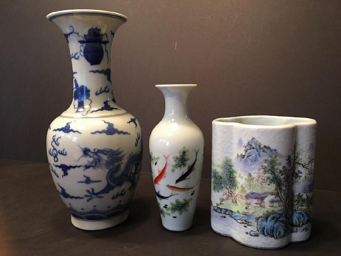 ANTIQUE Chinese Famille Rose Fish vase, brush pot and (1 of 10)