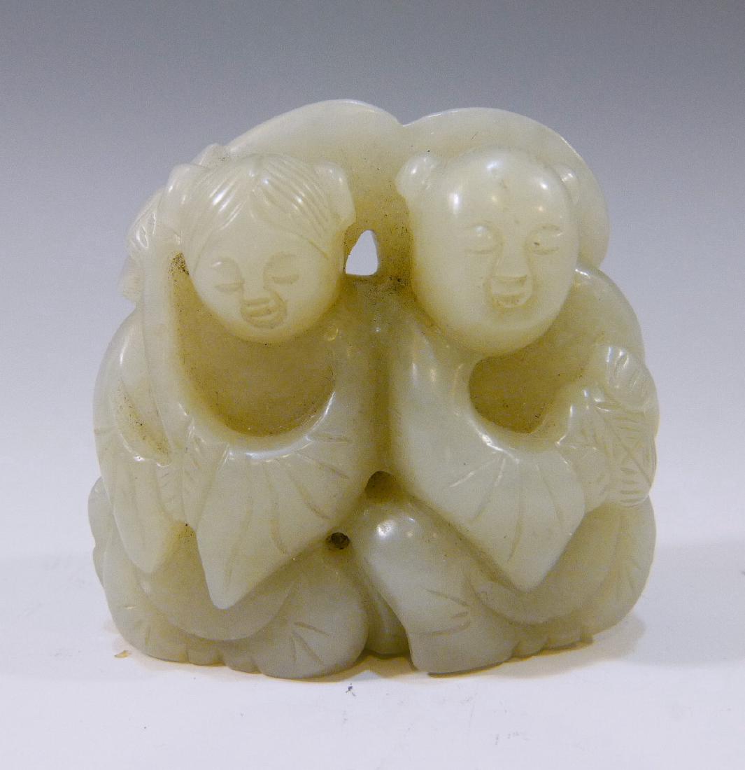 CHINESE ANTIQUE CARVED JADE FIGURE OF TWO BOYS - 19TH (1 of 7)