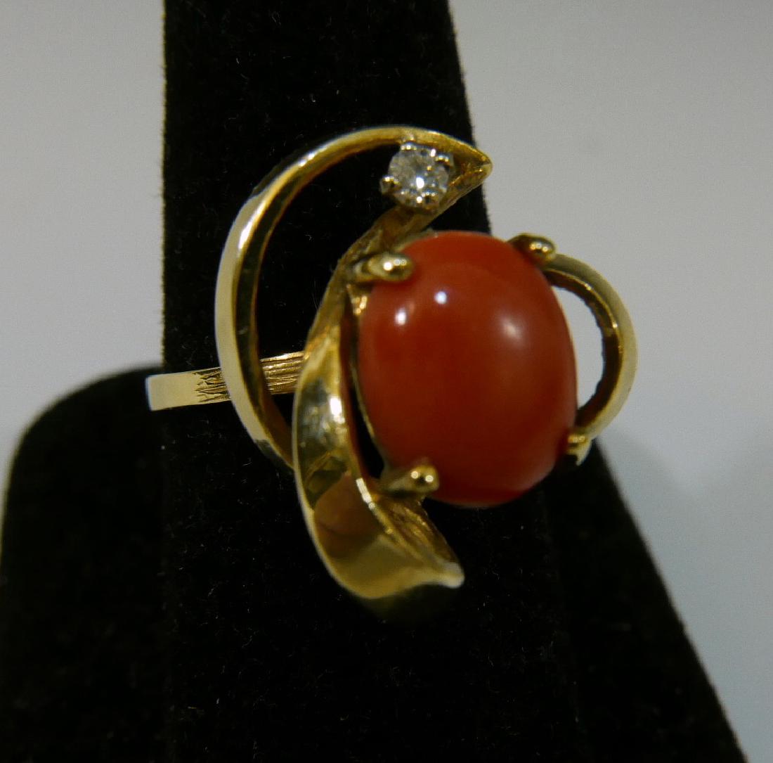14K GOLD RED CORAL & DIAMOND RING (1 of 4)