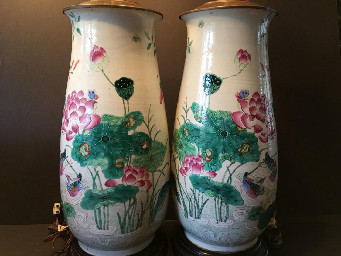 ANTIQUE Chinese Large Famillie Rose flower Vase Lamps, (1 of 10)