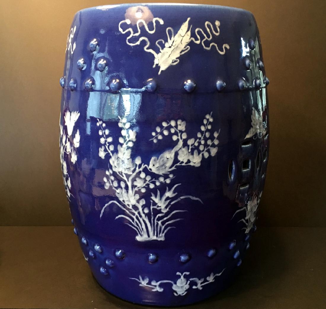 ANTIQUE Chinese Monochrome Blue Garden Seat with White: ANTIQUE Chinese Monochrome Blue Garden Seat with White Flowers, late 19th C. 18 1/2" high