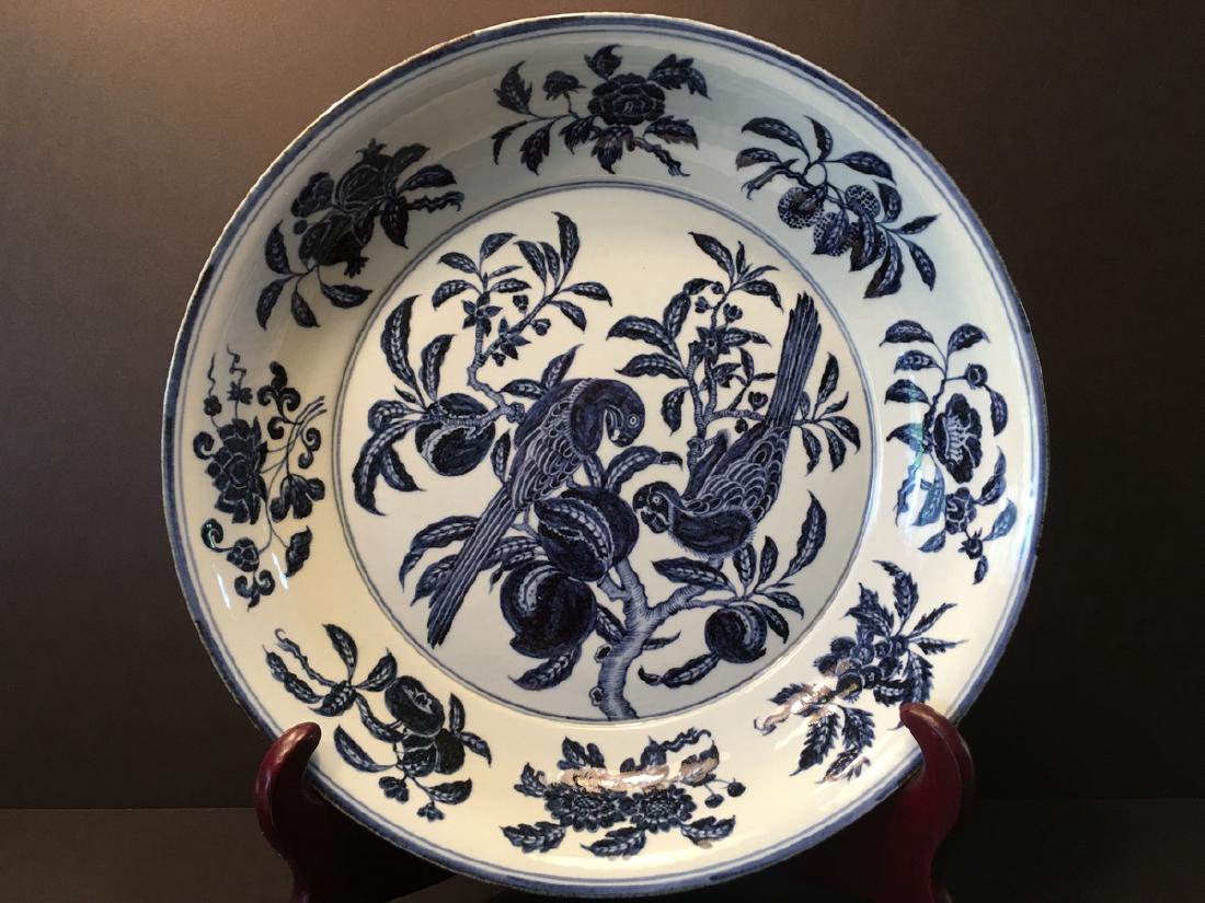 A Fine Large Chinese Blue and White Bird Charger Plate, (1 of 9)