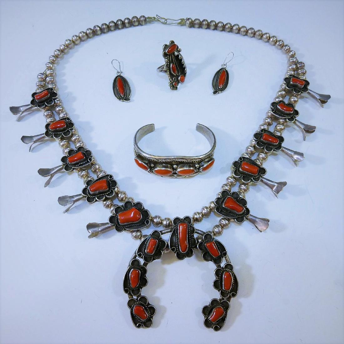 IMPRESSIVE RED CORAL STERLING SILVER SQUASH BLOSSOM SET (1 of 9)