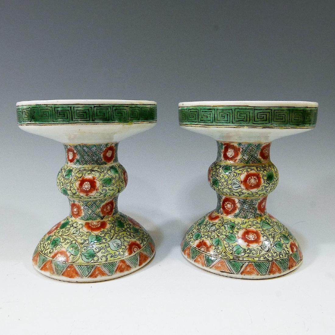 PAIR CHINESE ANTIQUE FAMILLE ROSE PORCELAIN CANDLESTICK (1 of 8)