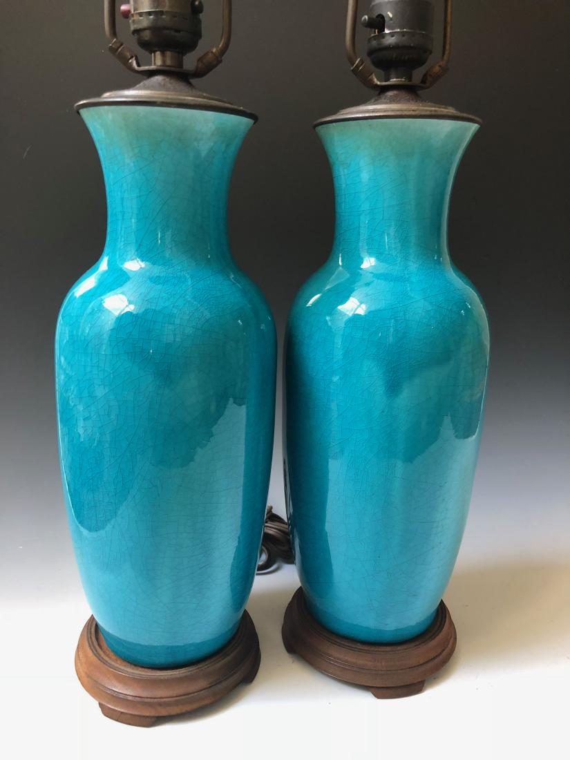 A PAIR CHINESE ANTIQUE BLUE GLAZE VASES LAMPS (1 of 6)