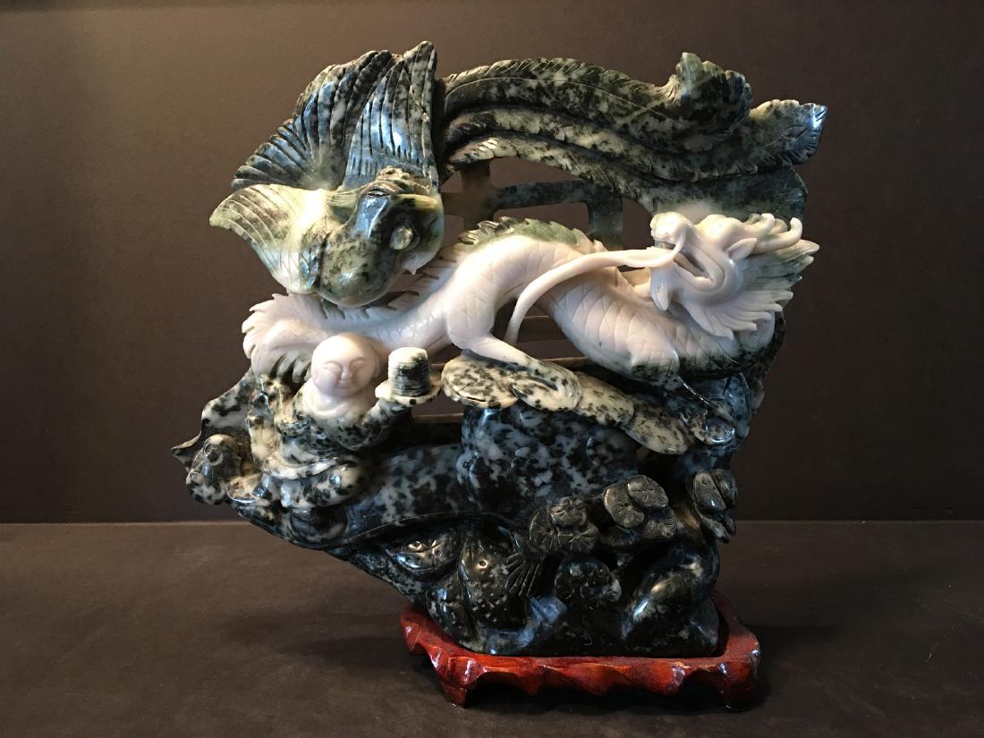 OLD CHINESE LargeSoup Stone Dragon Carvings (1 of 5)