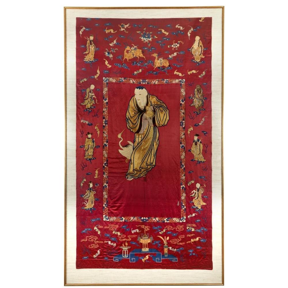 ANTIQUE Chinese large red needle Embroidery, 19th C (1 of 4)