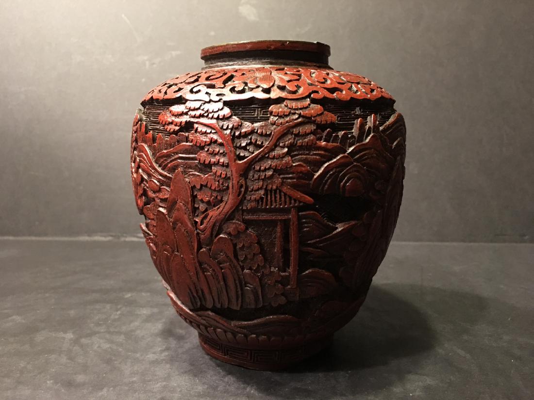 ANTIQUE Chinese Cinnabar Jar Vase, 19th century. 6" (1 of 9)