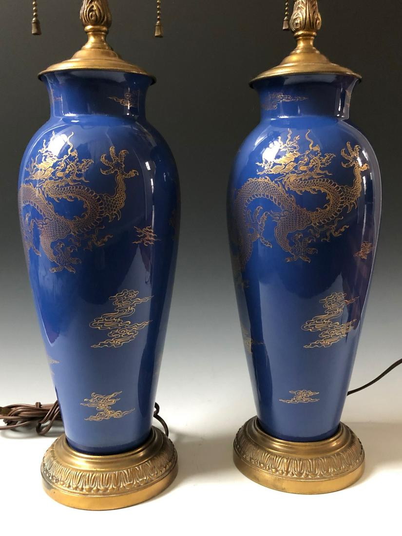 A PAIR OF CHINESE ANTIQUE BLUE GLAZED VASES LAMPS (1 of 4)