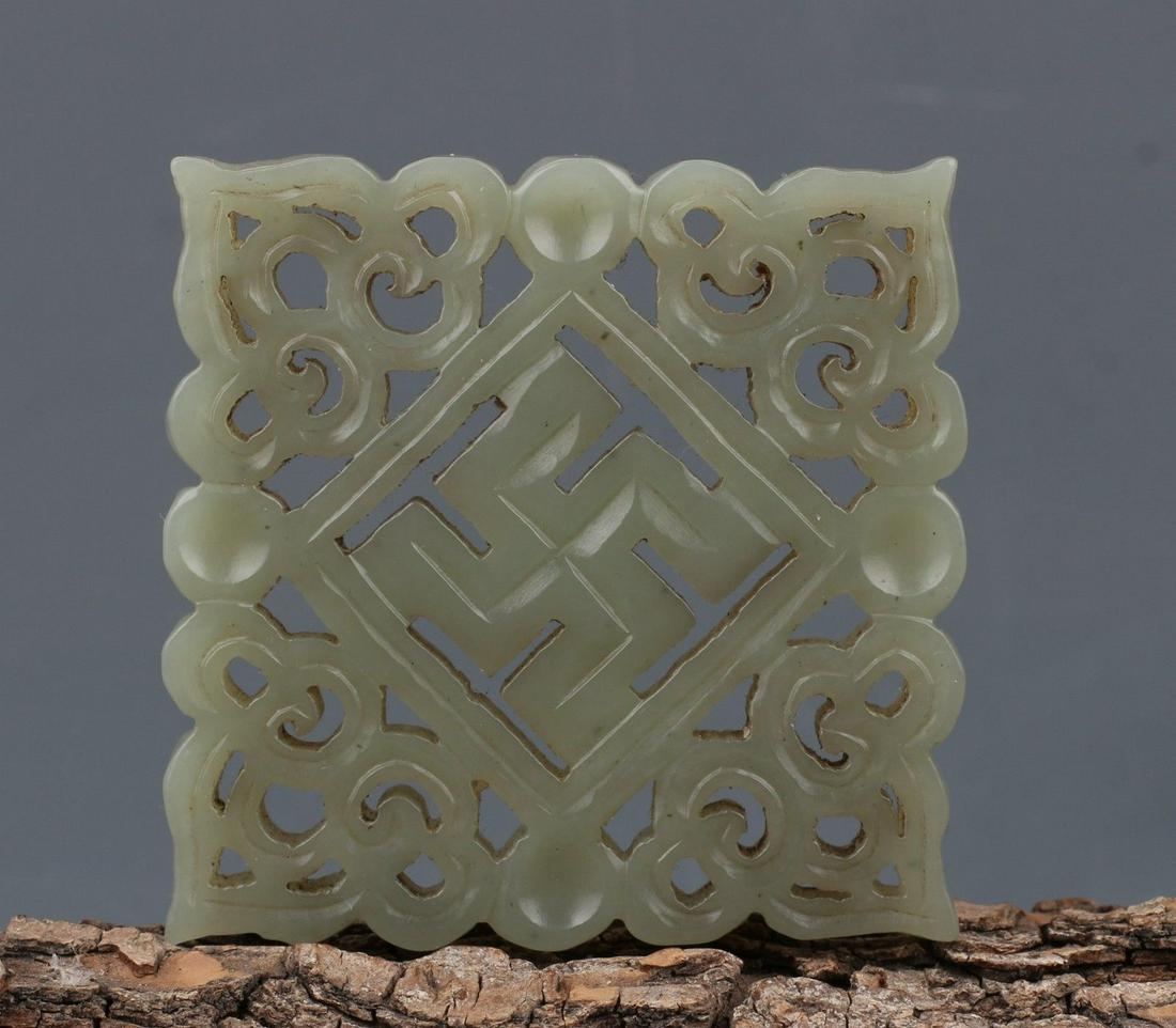 OLD Chinese Celadon White Jade Square Pendant, 2 3/4" (1 of 10)
