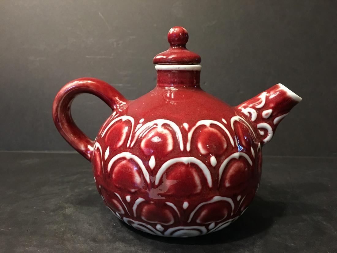 FINE Chinese Red Glaze Inscripted flower Teapot, XUANDE (1 of 8)