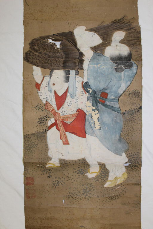Japanese Antique Ink And Watercolor Painting On Paper Dec 21