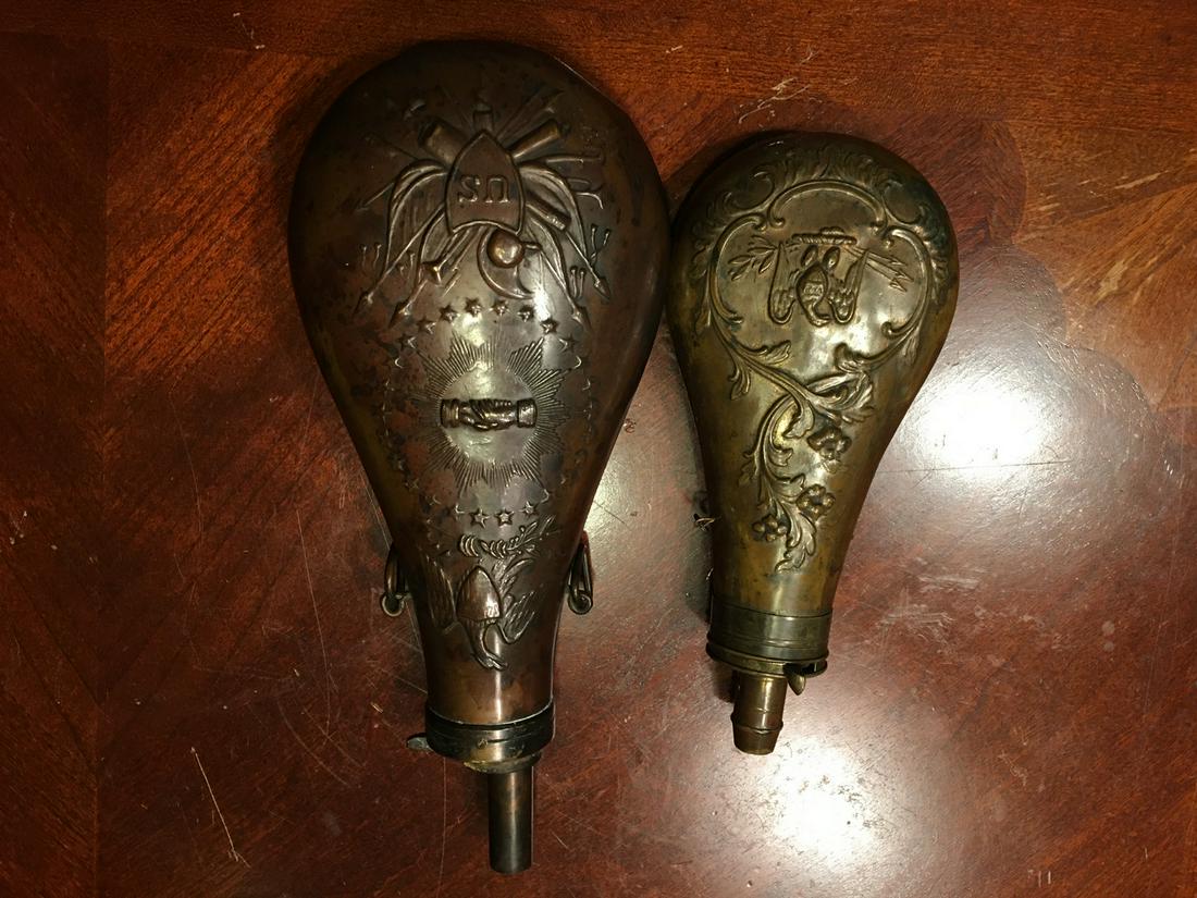 Old Pair Brass Powder flaskes, 1848 (1 of 5)