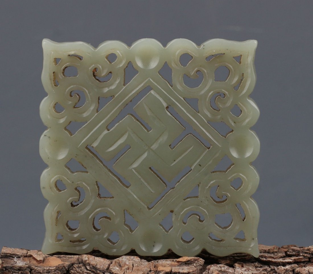 OLD Chinese Celadon White Jade Square Pendant, 2 3/4" (1 of 10)