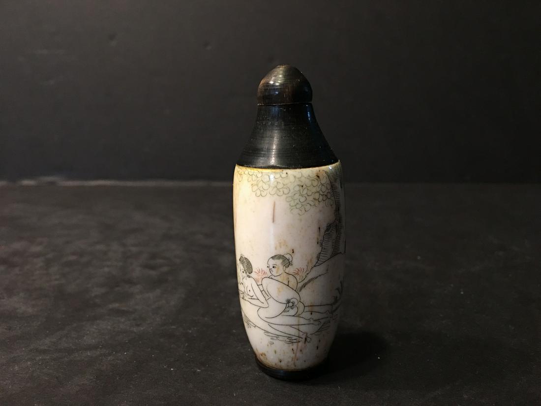 OLD Chinese BONE Snuff bottle with Erotic scenes, 3" H: OLD Chinese BONE Snuff bottle with Erotic scenes, 3" H