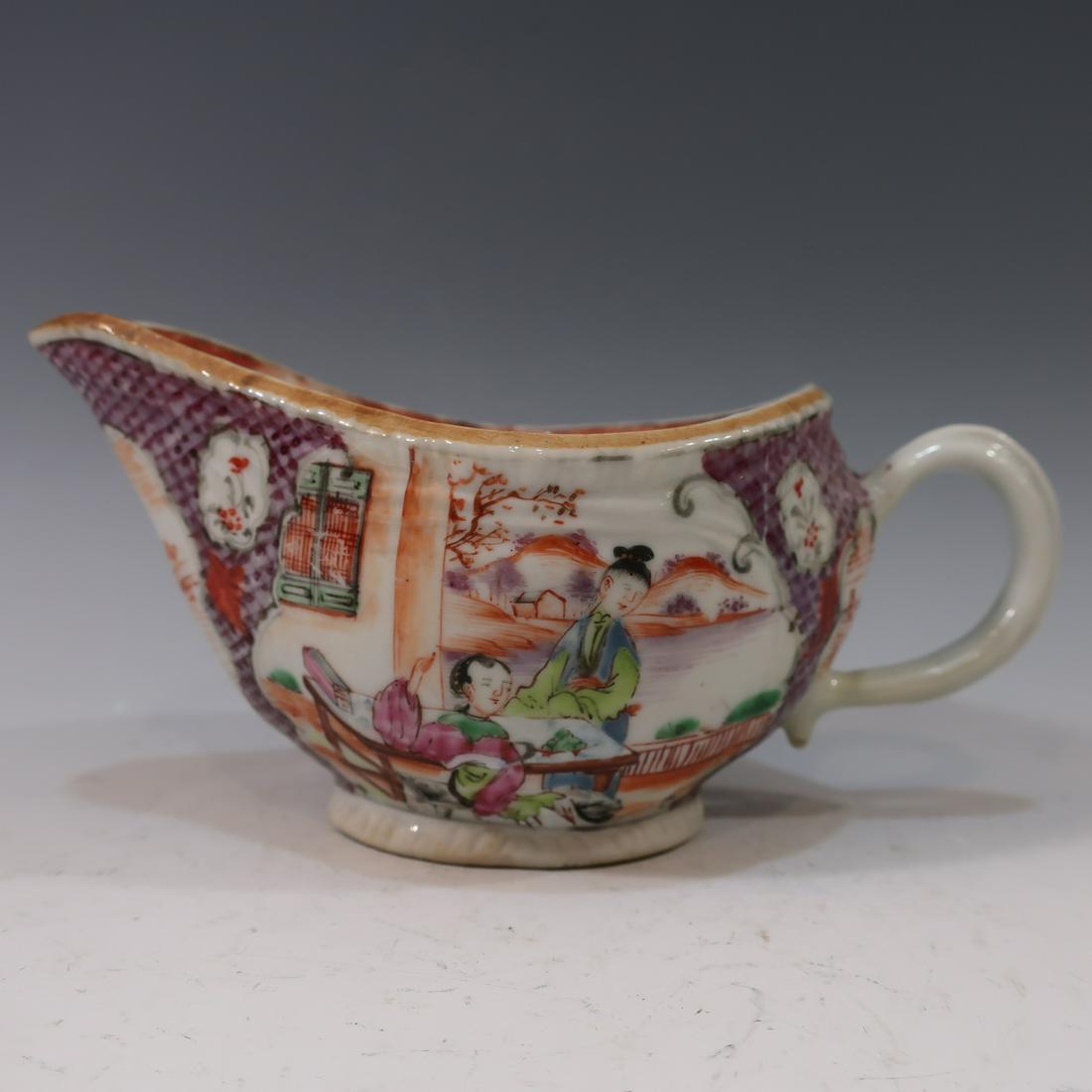 CHINESE ANTIQUE ROSE MANDARIN PORCELAIN SAUCE BOAT -: CHINESE ANTIQUE ROSE MANDARIN PORCELAIN SAUCE BOAT - 18TH CENTURY. 18 CM WIDE, 8.5 CM TALL. PROVENANCE - WASHINGTON DC ESTATE