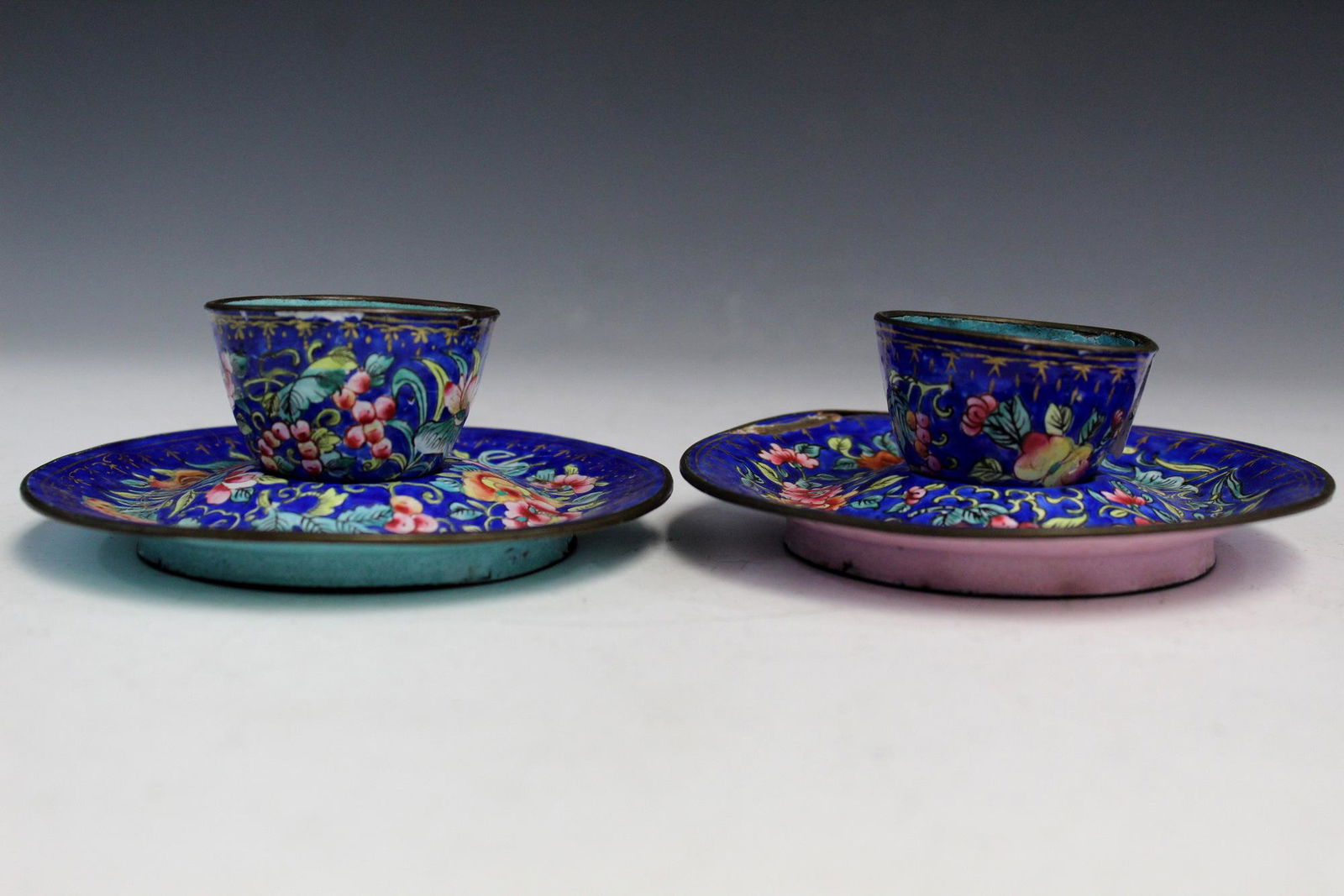 Pair of Chinese enamel on copper tea cups. (1 of 8)