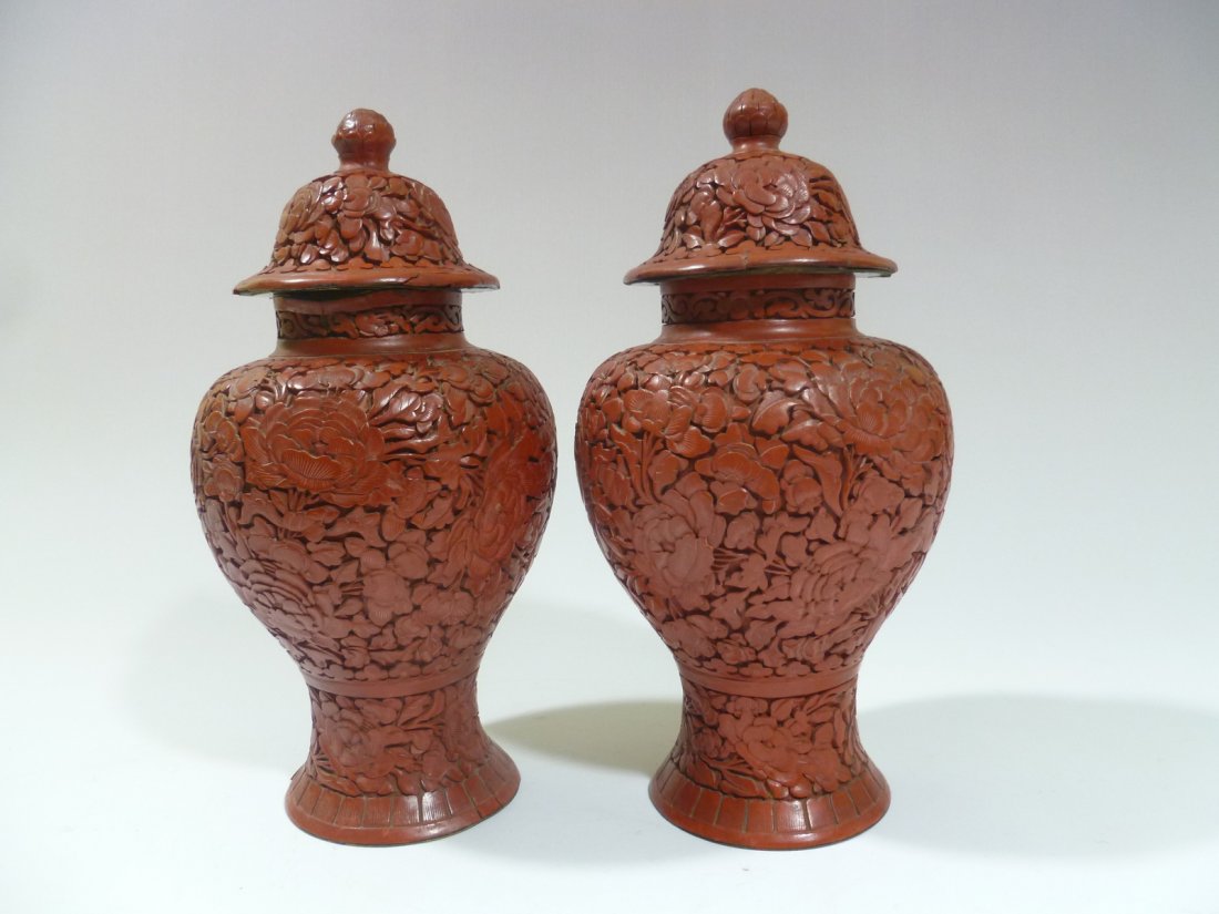 Antique pair Chinese Cinnabar vases, 19th C: Antique pair Chinese Cinnabar vases, 19th C, 9” H