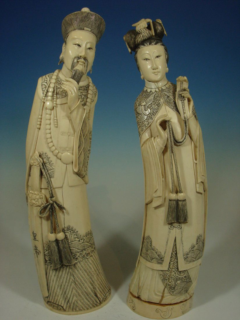 Antique Chinese large pair Ivory Figurines, late19th C