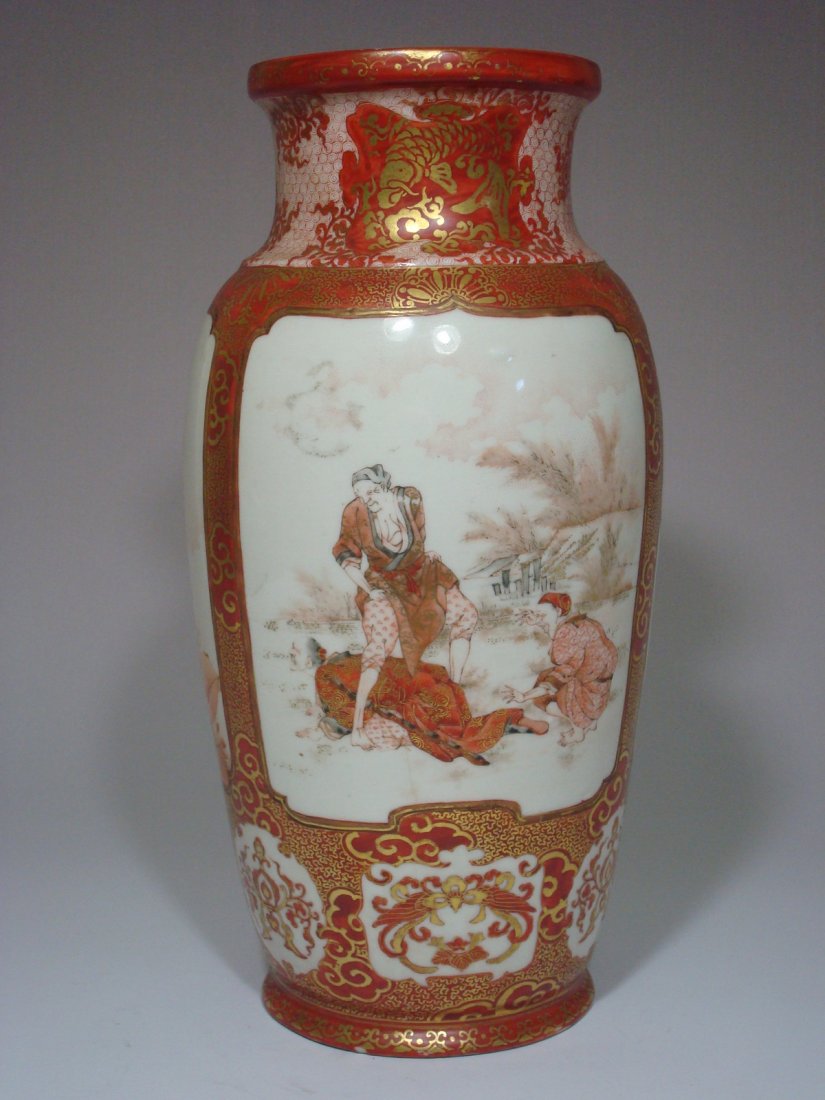 Antique Japanese Kutani red and gilt vase with Figurine: Antique Japanese Kutani red and gilt vase with Figurines and flowers, 19th C, Meiji period, 13”H