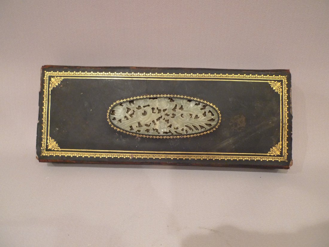 1903 PLAYING CARDS SET W/ CARVED CHINESE CELADON JADE: A rare find of an American Pennsylvania Railroad playing cards. It was offered to sale to first class passengers to pass the time. Top cover is inset with a period Chinese hand carved celadon jade pla