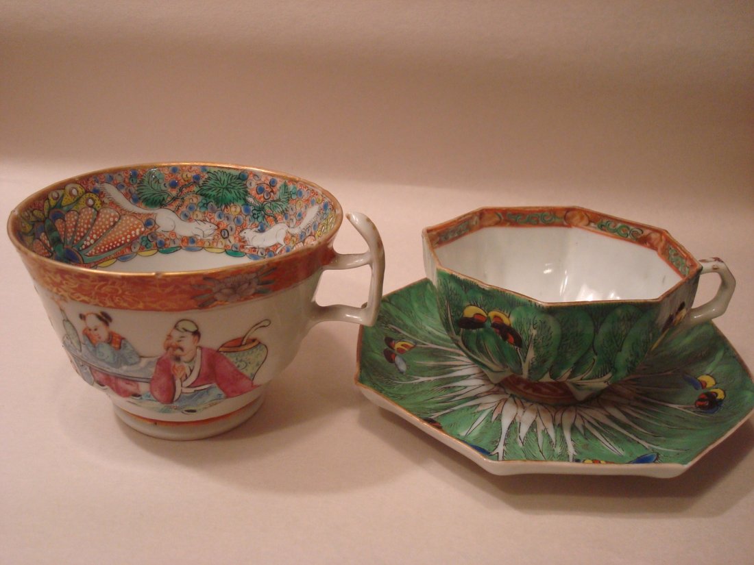 Antique Chinese Famille Rose big Bowl+cabbage saucer &: Antique Chinese Famille Rose big Bowl+cabbage saucer & cup. 3" H x 4 1/2" W bowl, 5 1/2" dia saucer plare. 18th C bowl & 19th C saucer and cup.
