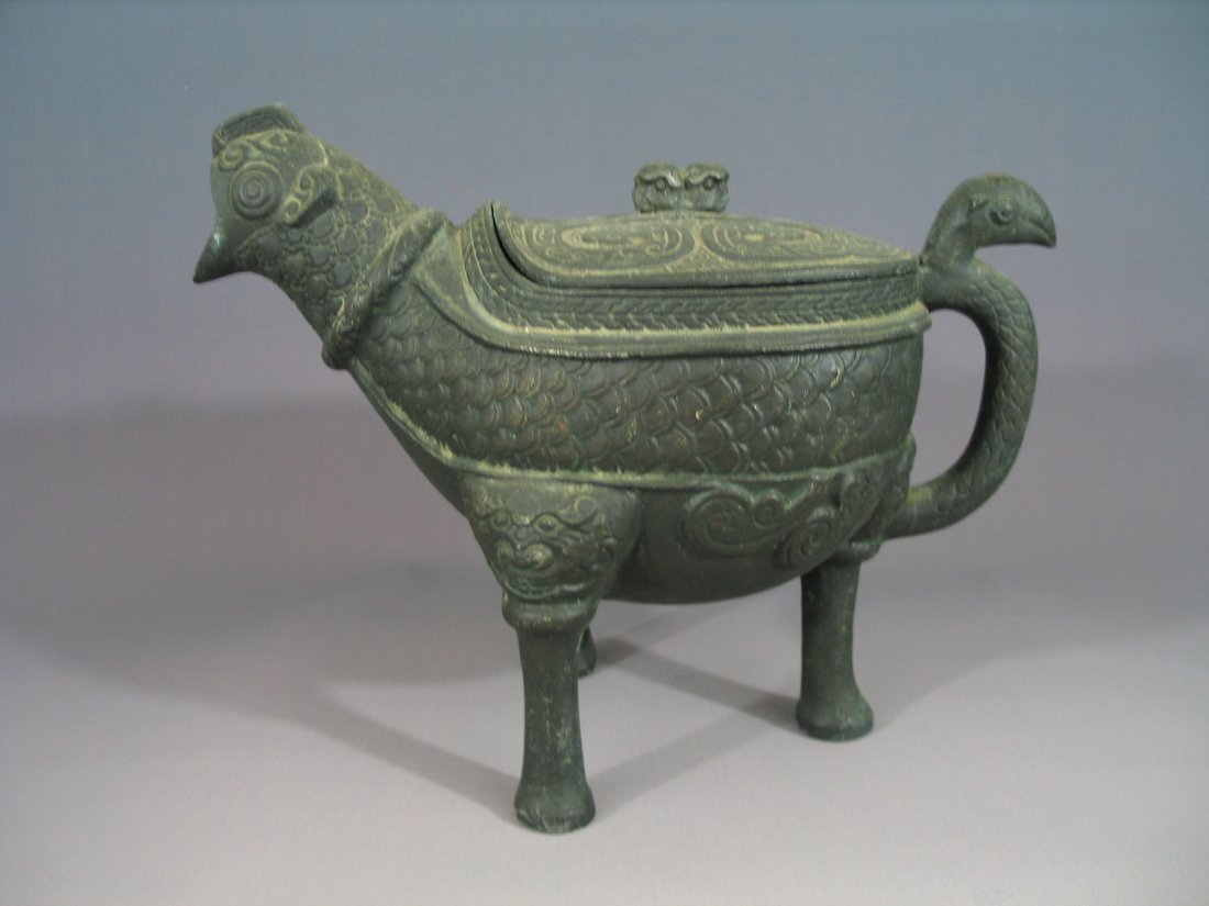 Chinese antique metal incense burner, rooster-shaped.: Chinese antique metal rooster-shaped incense burner. Ht: 7 1/2 inches. L: 11 inches.